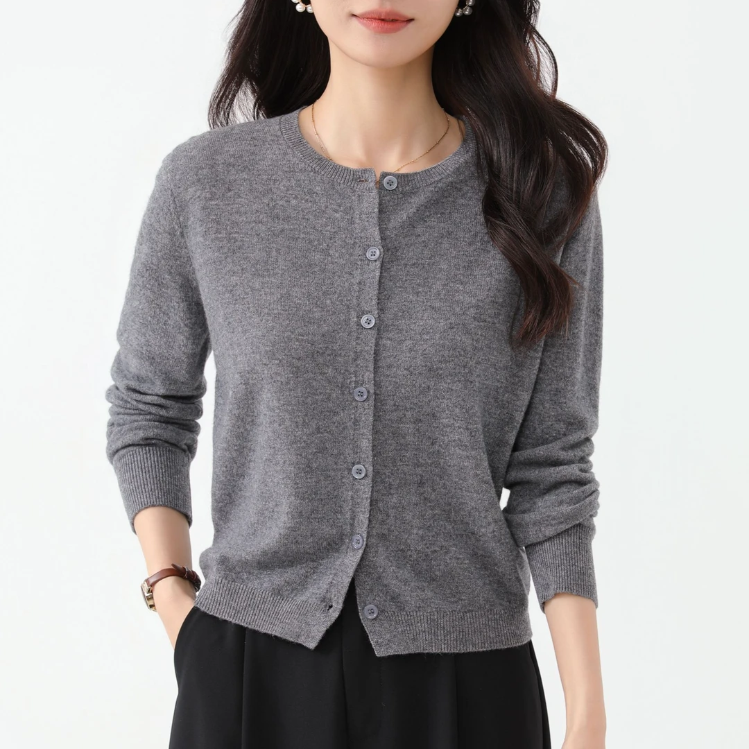 【甄织1】纯色圆领开衫【100%绵羊毛】春秋时尚修身针织羊毛衫8206