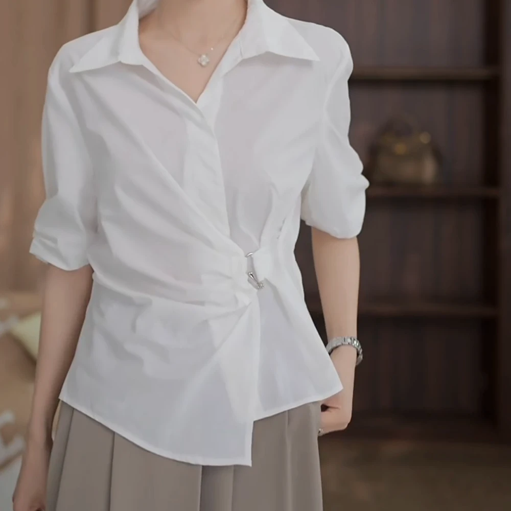 【单车恋人】轻奢气质不规则收腰显瘦短袖衬衫