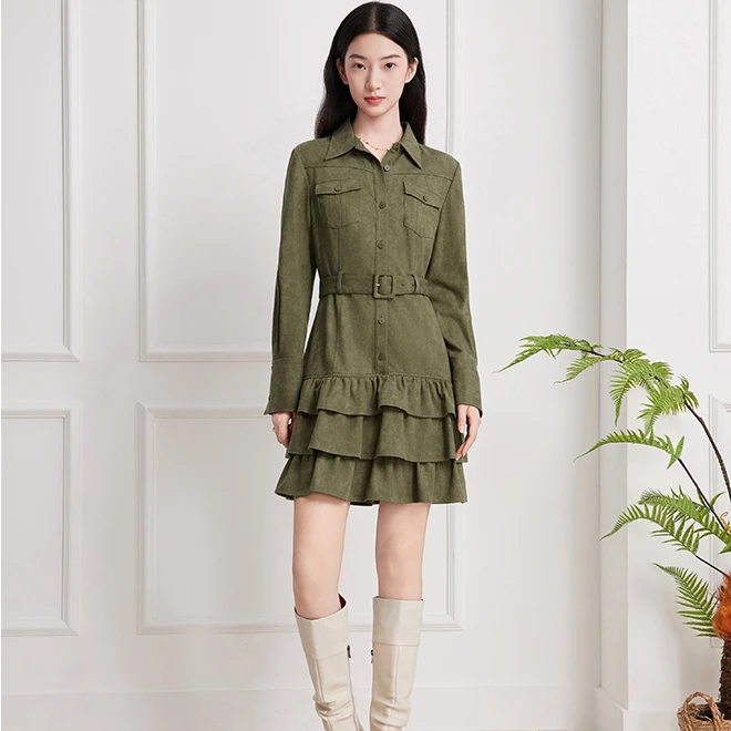 Goodland美地2025年新款苔藓绿时尚设计感荷叶边连衣裙LC35505010