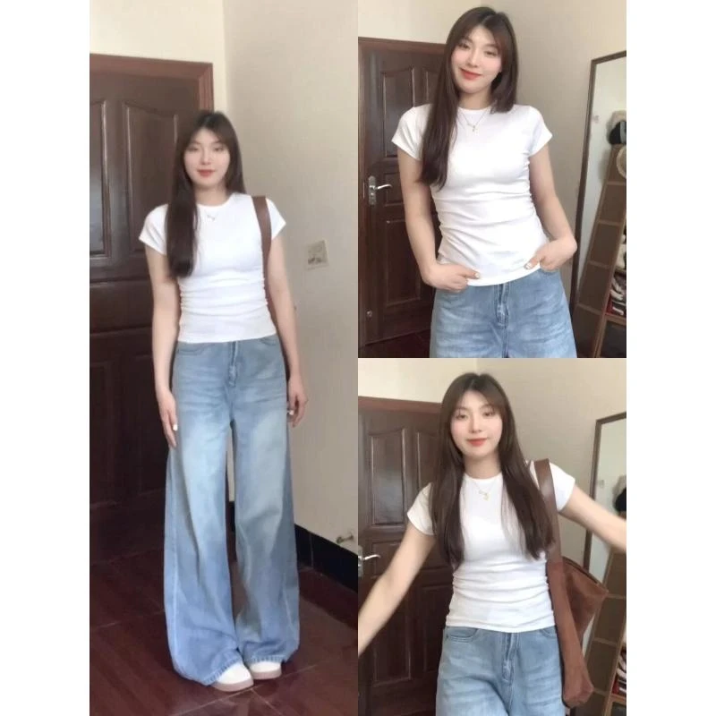 大码正肩短袖t恤女夏新款修身显瘦内搭设计感休闲百搭小圆领上衣