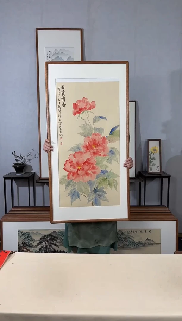 国画手绘*牡丹(没骨画）*62*122cm实木框