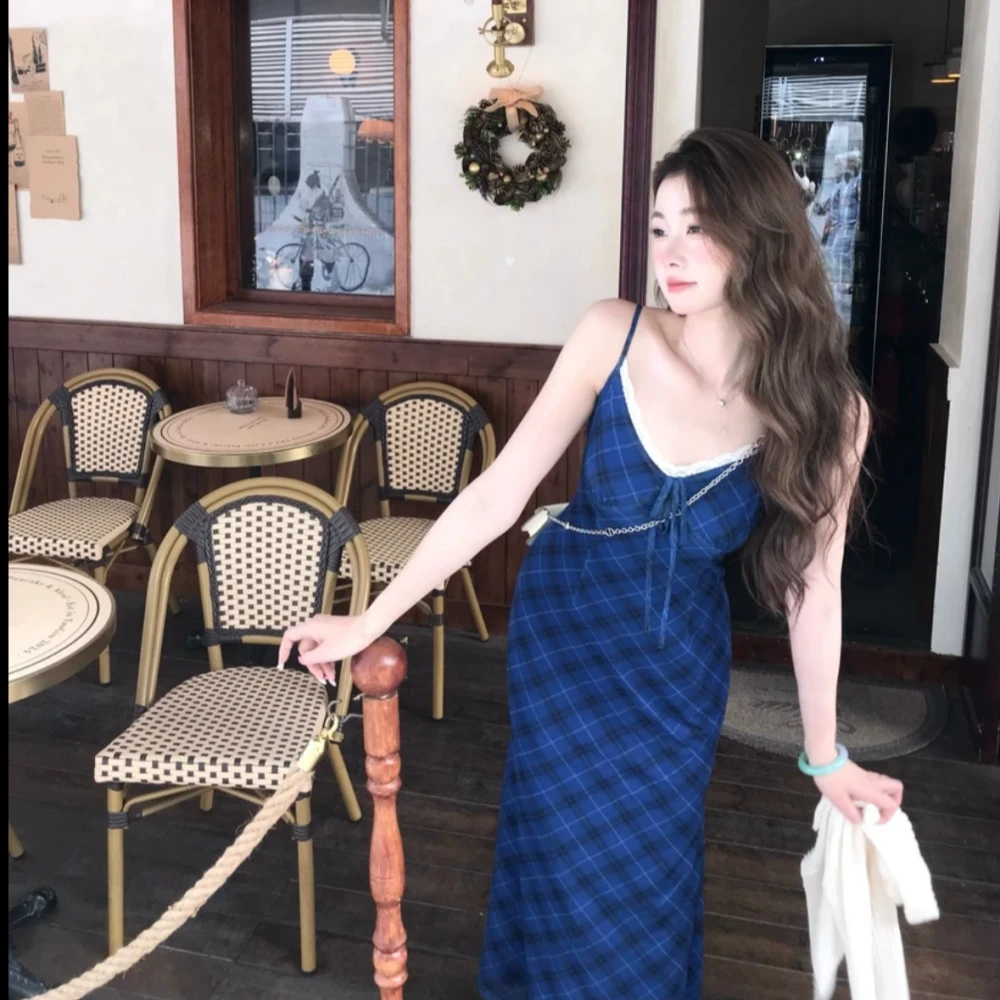 一尧【绯闻oni】法式复古气质吊带连衣裙显白修身克莱因蓝格纹长裙