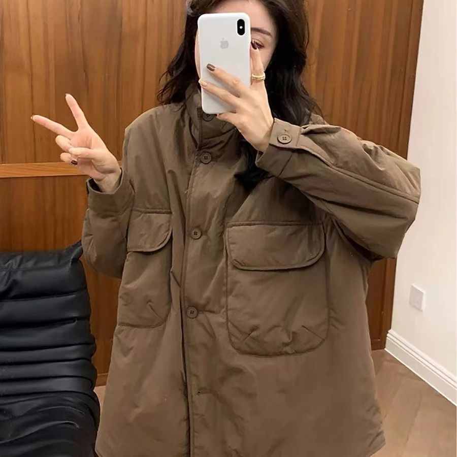 时尚百搭宽松显瘦中长款棉服春秋韩版新款大口袋立领棉服外套