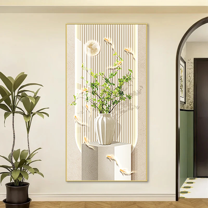 奶油风九鱼绿植简约轻奢风格玄关走廊装饰画过道手工晶瓷装饰挂画