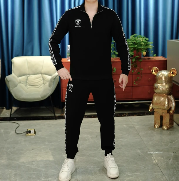 【麦炫严选】2025秋季男士长袖翻领时尚休闲百搭套头卫衣套装TZ2025