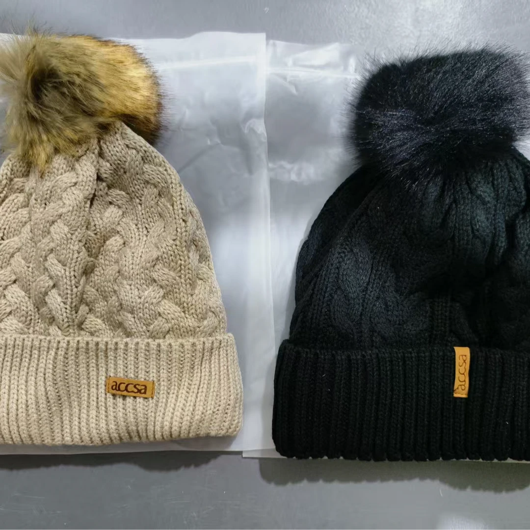 爆款毛线帽子秋冬保暖针织内绒帽透气百搭宝宝帽毛球毛绒帽子冬季