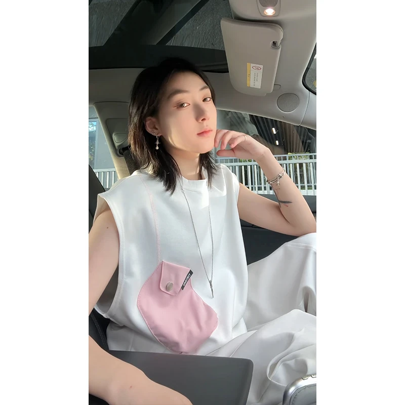 口袋拼接设计正肩圆领无袖背心男2025夏季潮牌高级感宽松休闲上衣