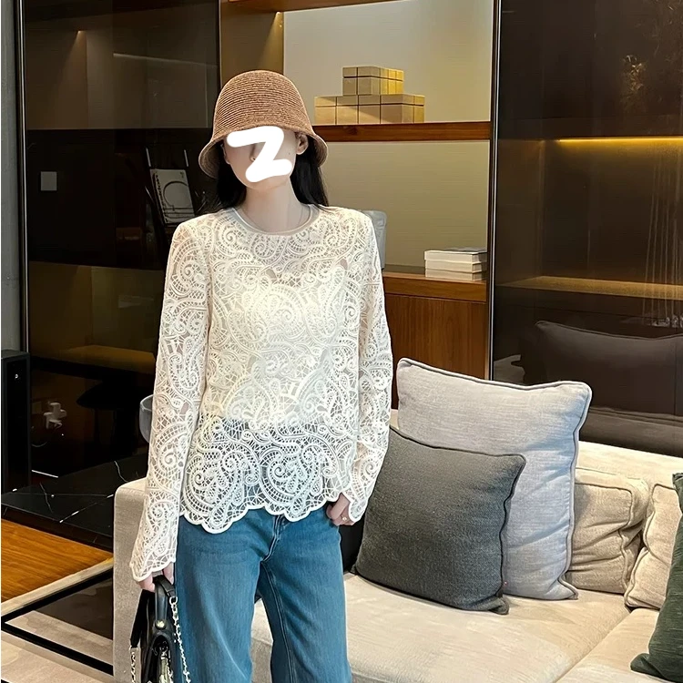 韩版复古温柔风钩花镂空长袖蕾丝衫女2025秋季时尚拼接圆领T恤梦