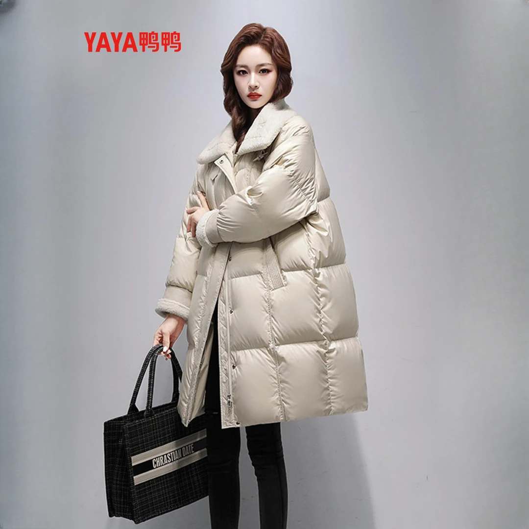 鸭鸭颗粒绒拼接翻领羽绒服女2025冬季新款中长款时尚百搭保暖外套