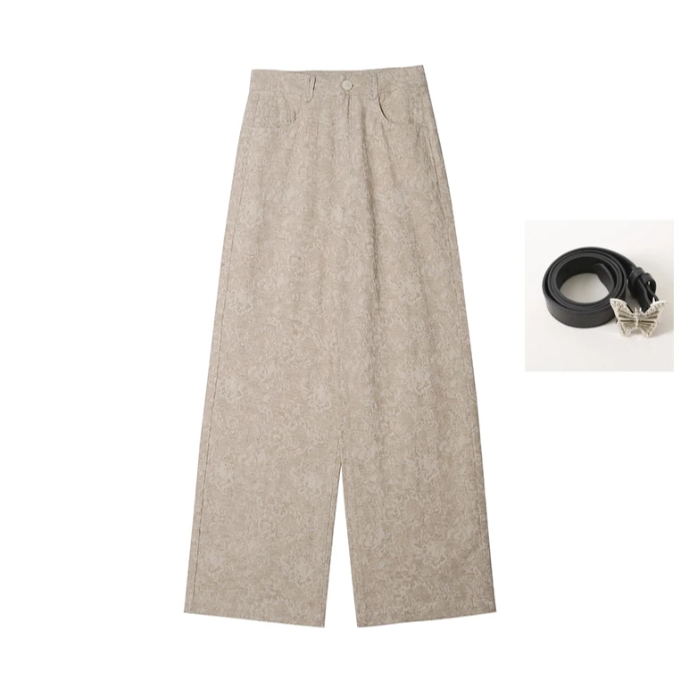 时尚舒适宽松纯色百搭棉麻混纺重工提花透气直筒裤22395