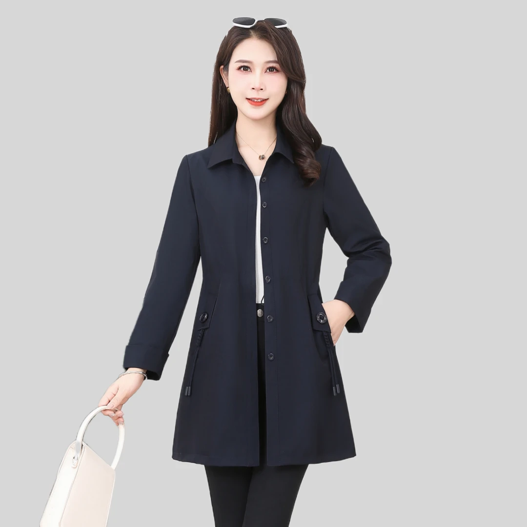 风衣大码春秋显瘦气质时尚中年女休闲收腰修身韩版翻领外套中长款