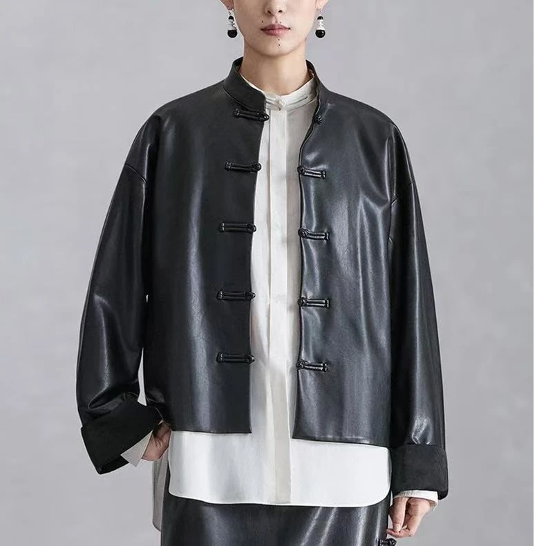 2025纳薇7387 新中式宽松气质盘扣对襟中国风立领时尚皮衣上衣