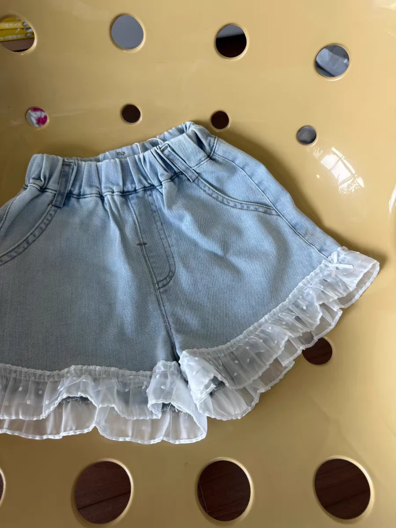 【爆款】2025夏季新款女童小童韩版蕾丝花边柔软牛仔短裤女童短裤