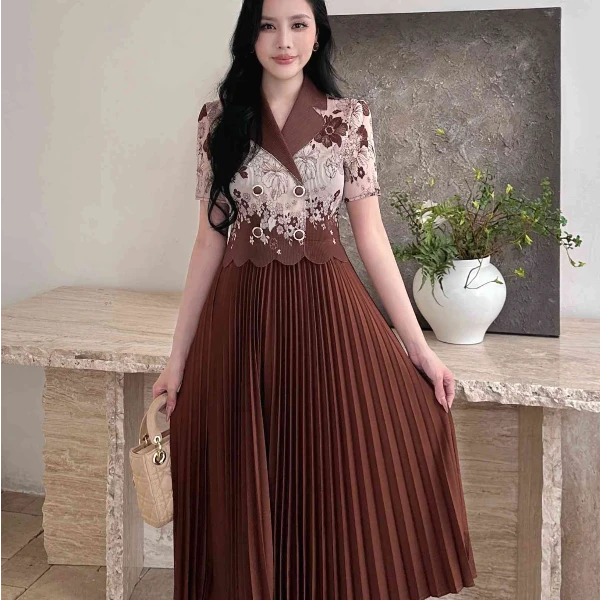 【文文家】SK210轻奢女装#西装领双排扣印花短袖连衣裙