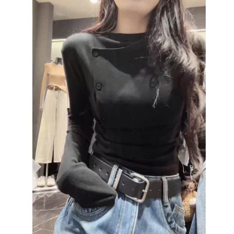 【酷感斜扣】磨毛冬款显瘦时尚不规则设计感长袖T恤上衣LK2509119