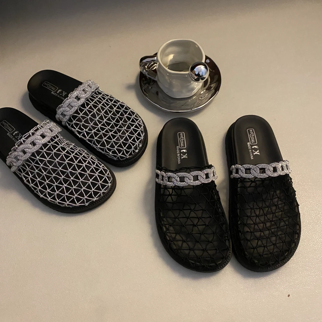 网面透气夏款包头半拖鞋女款2025新款爆款厚底渔网百搭夏季勃肯鞋