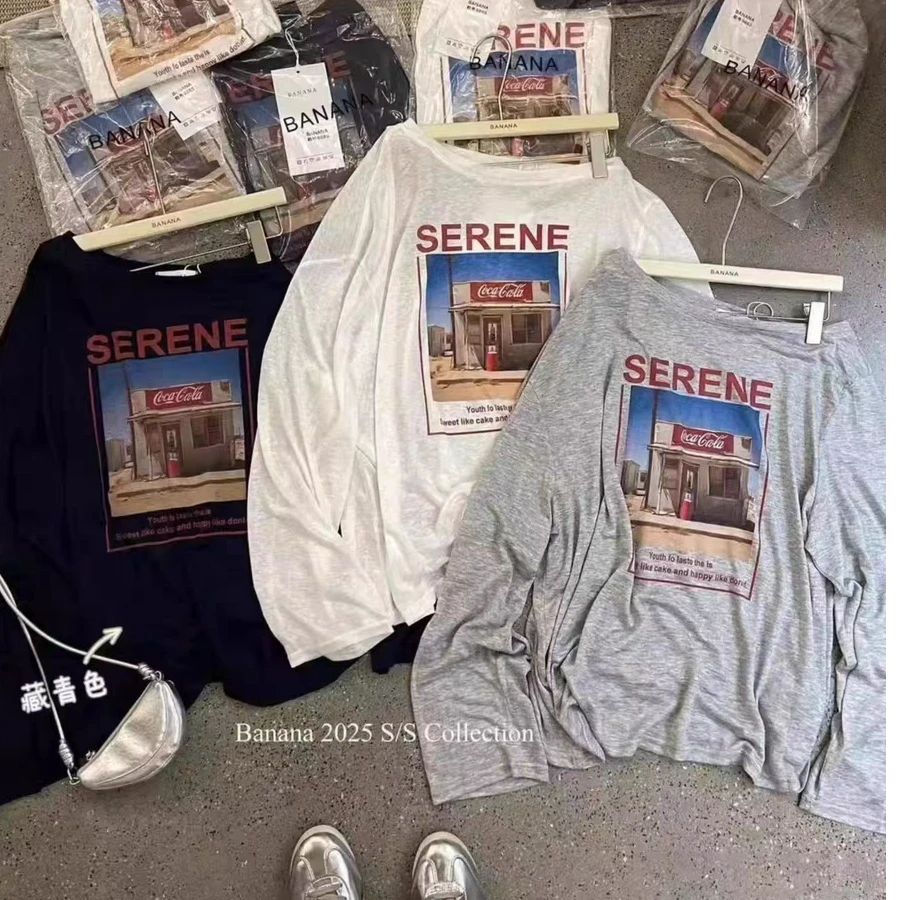 夏季莱赛尔天丝雪花棉韩系宽松街头斜肩印花图案长袖空调罩衫8260