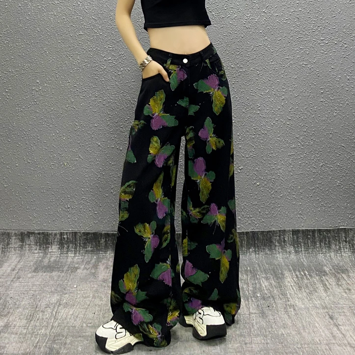 2025春季新款复古拼色蝴蝶黑色牛仔裤女高腰显瘦宽松直筒阔腿长裤