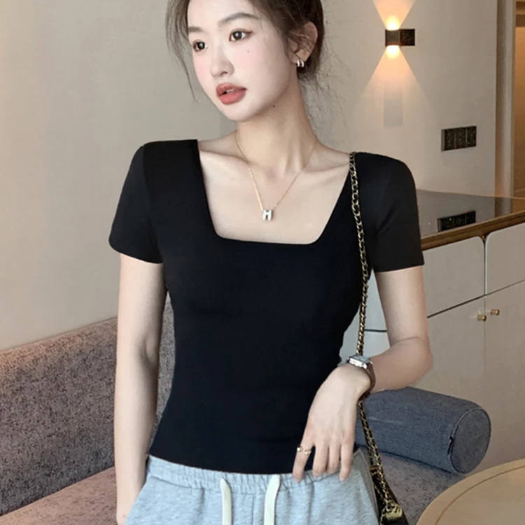黑色方领短袖t恤洋气衣服女2025新款春夏紧身打底内搭纯欲甜美风