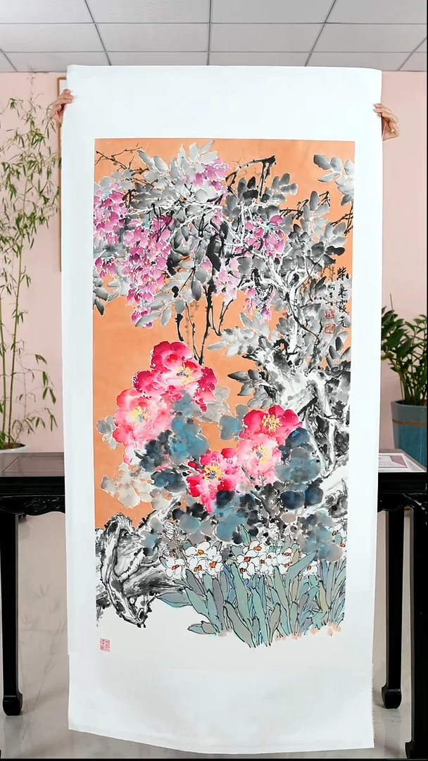 国画阿里丁《紫气霞光》手绘带框173*83厘米