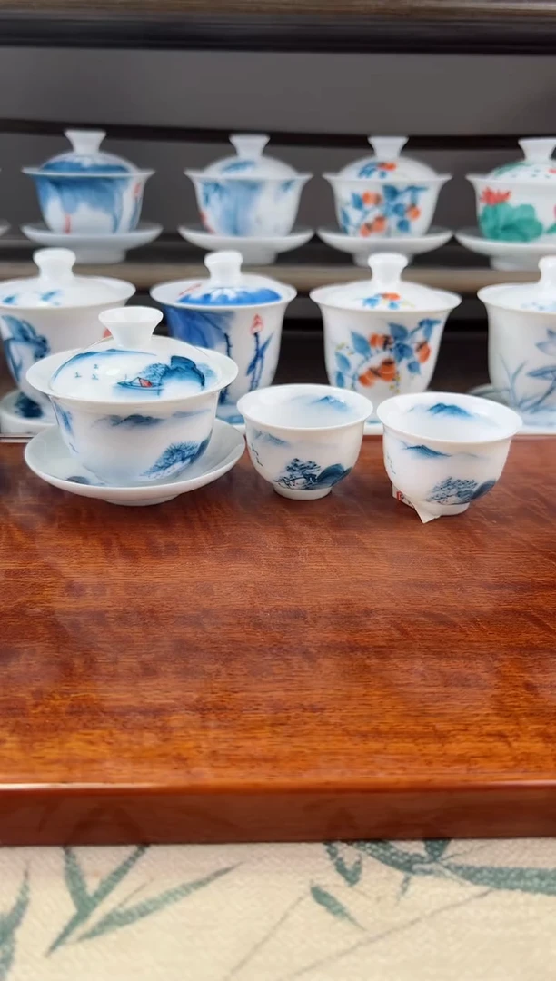 微瑕千里江山80ml三才盖碗+小美人杯2个