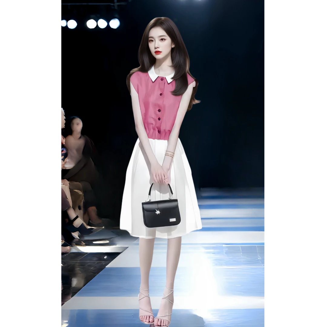 茶歇法式气质穿搭玫红衬衫半身裙夏季2025新款高级感小个子套装裙