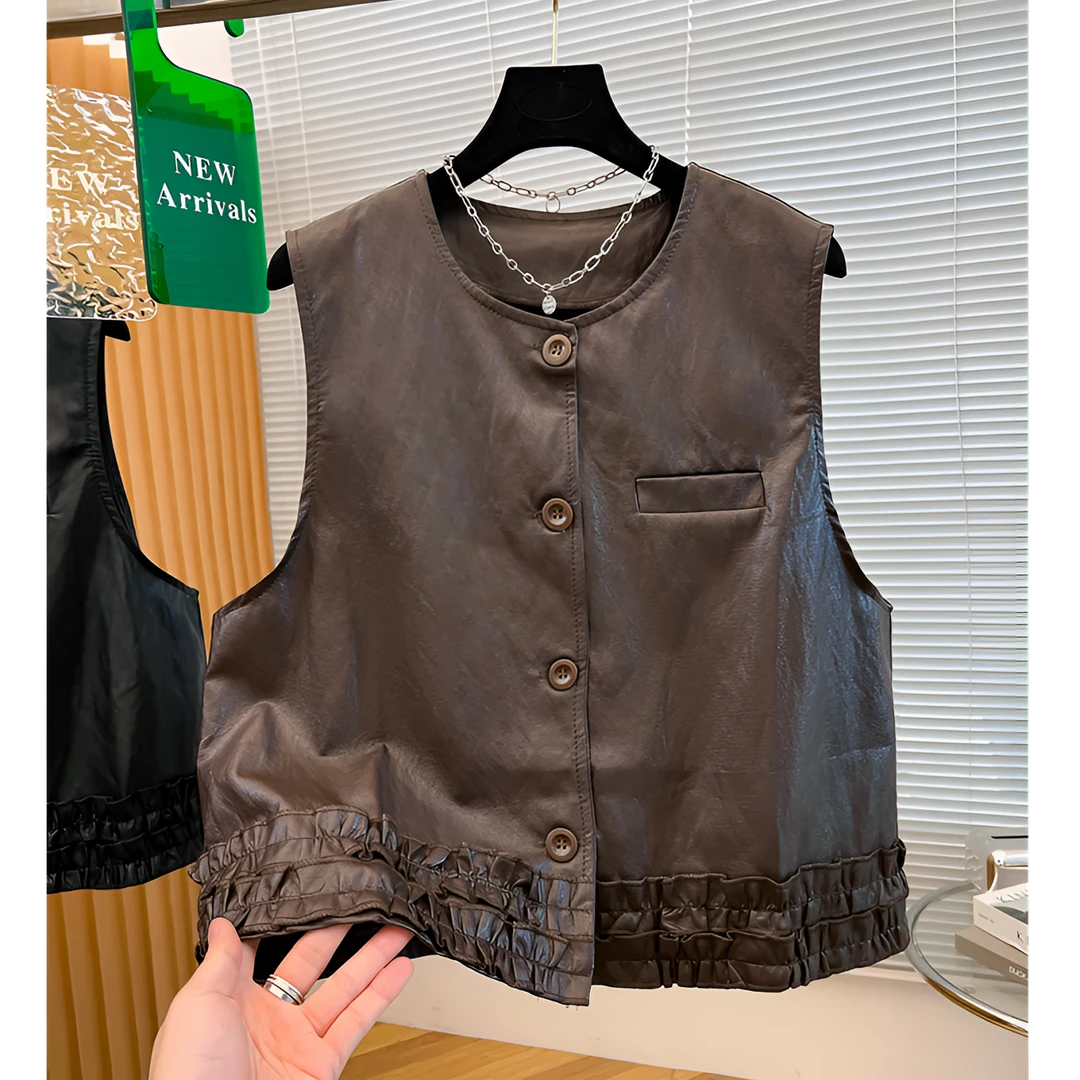 2025秋季新款设计感花边环保软皮马甲背心女复古时髦圆领无袖马夹