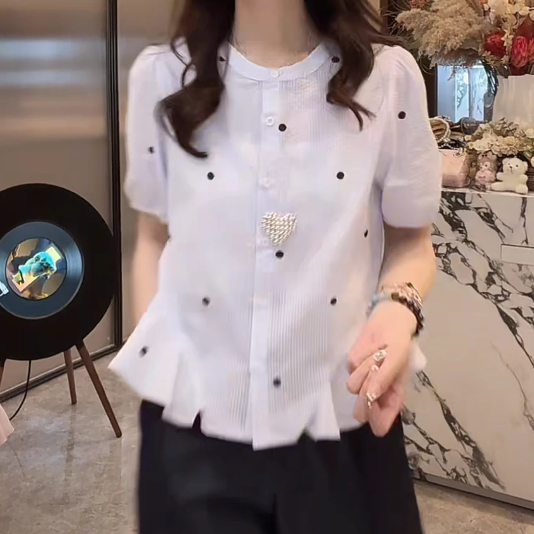 韩版夏季薄款独特漂亮小衫女气质时尚洋气短袖荷叶边衬衫15972