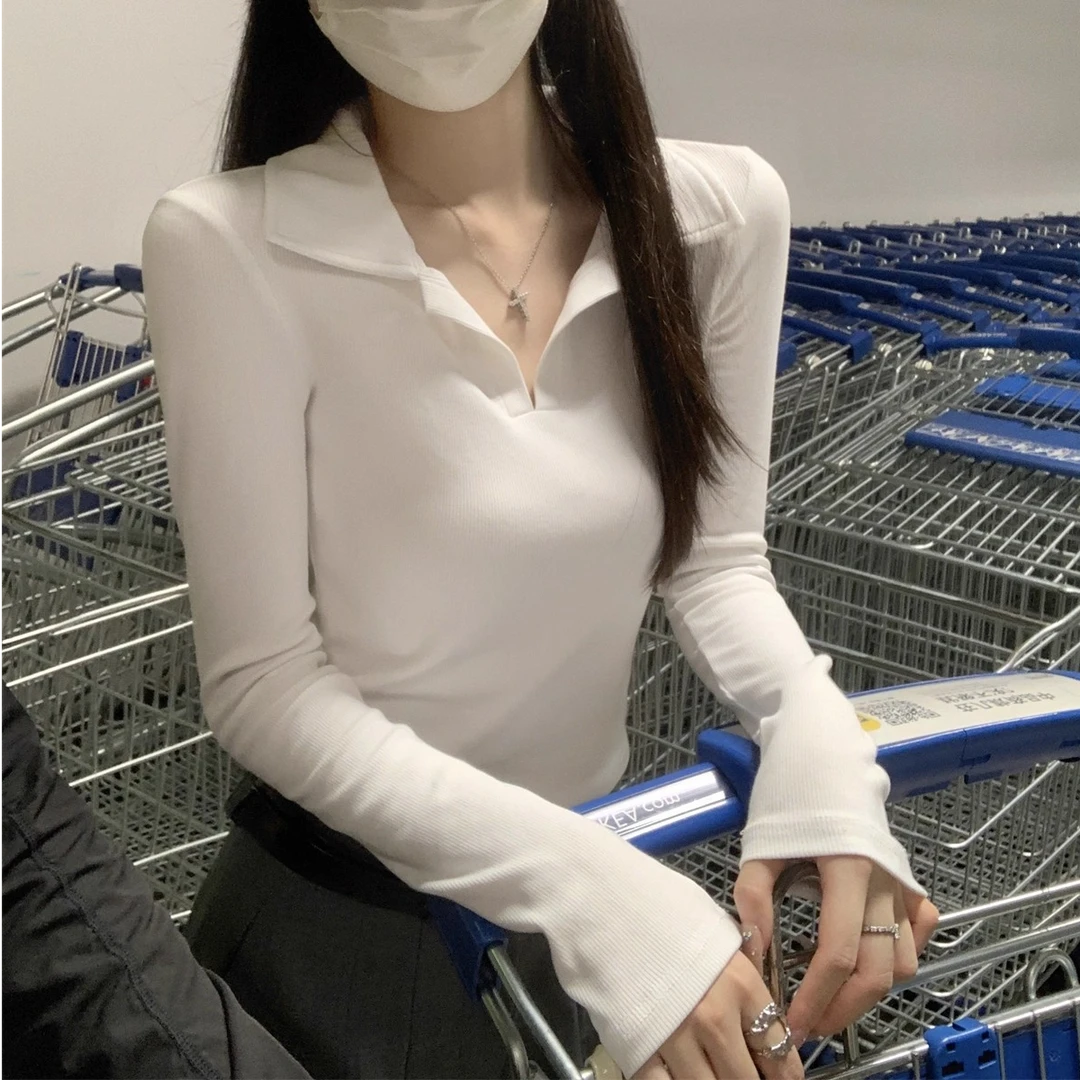 日韩V领长袖T恤衣服女装春秋季通勤休闲百搭修身polo领内搭上衣