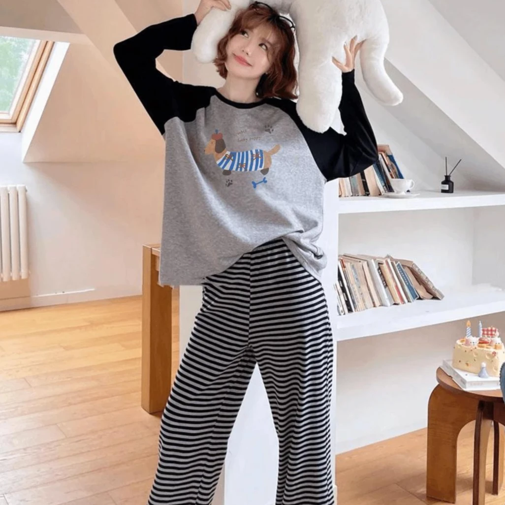 秋冬季睡衣女士棉长袖长裤带胸垫休闲宽松亲肤可外穿家居服套装