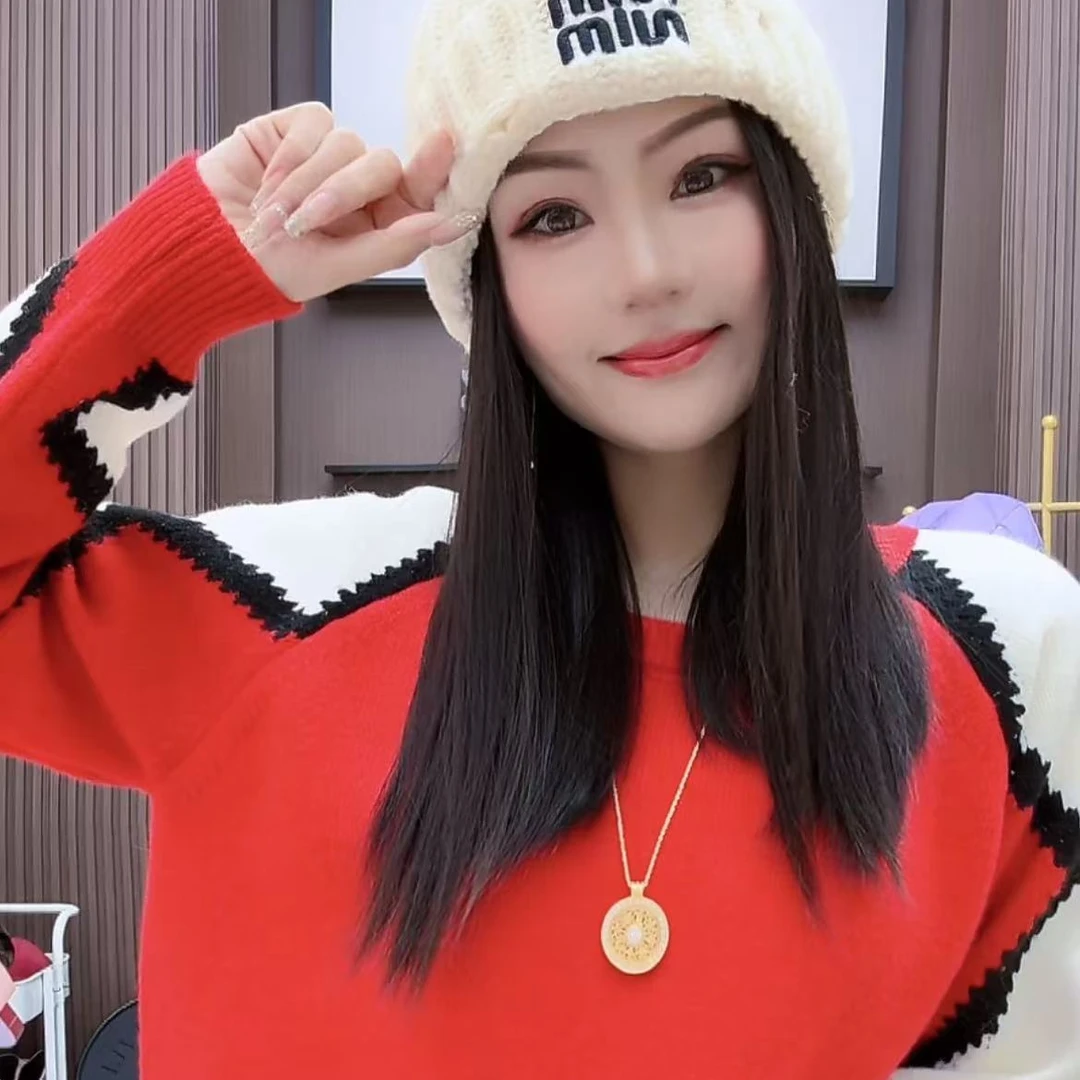 【喜迎圣诞】圆领菱格撞色袖减龄时尚显瘦针织衫A2655