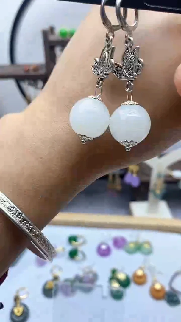 和田玉银S925镶嵌耳饰157