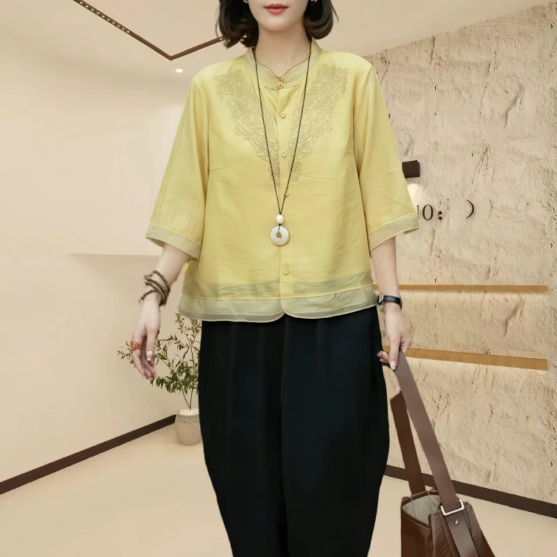 刺绣立领中式成人夏季薄款衬衫新中式潮流百搭显白圆领宽松T恤