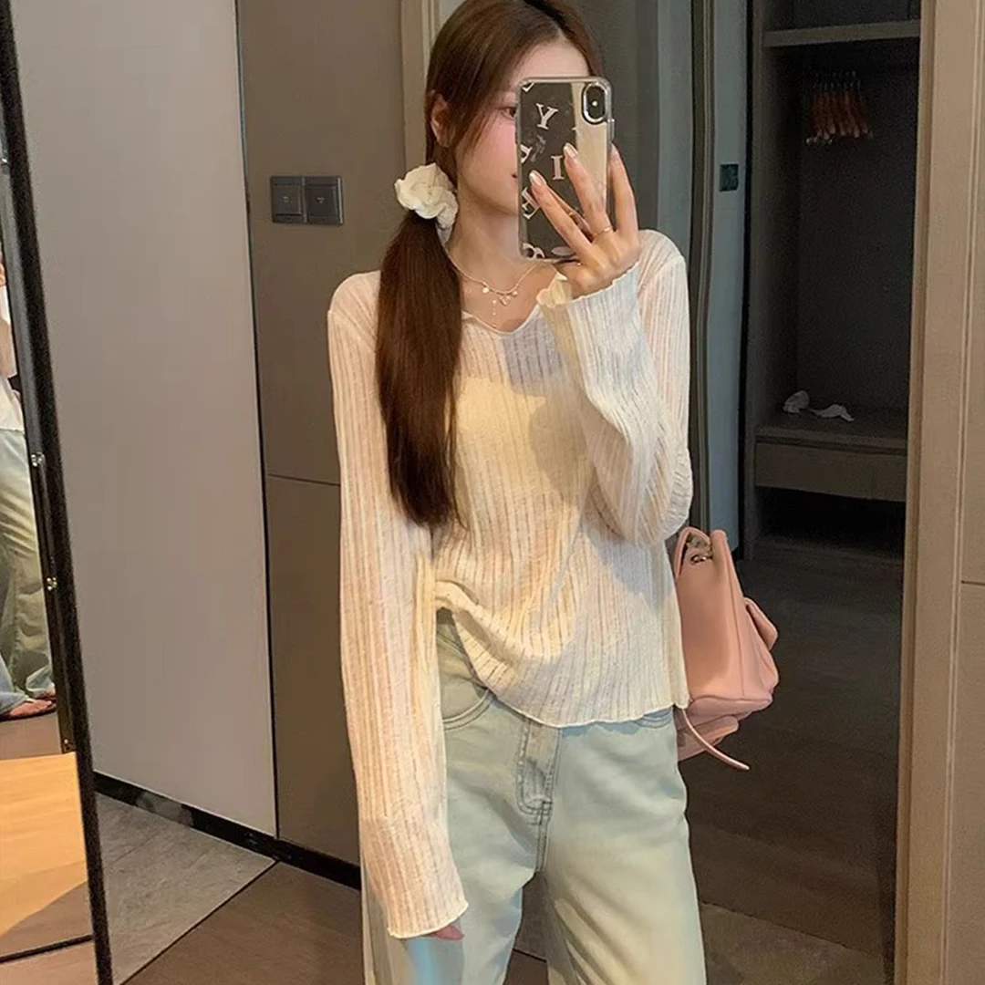 慵懒风防晒衣T恤女夏季宽松空调罩衫春季 新款打底针织衫长袖上衣