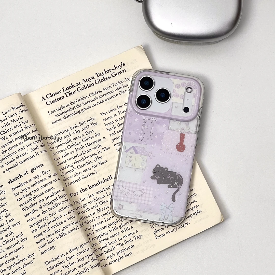 ins温柔治愈系紫蝴蝶结小黑猫适用苹果17/16promax手机壳15/14/13