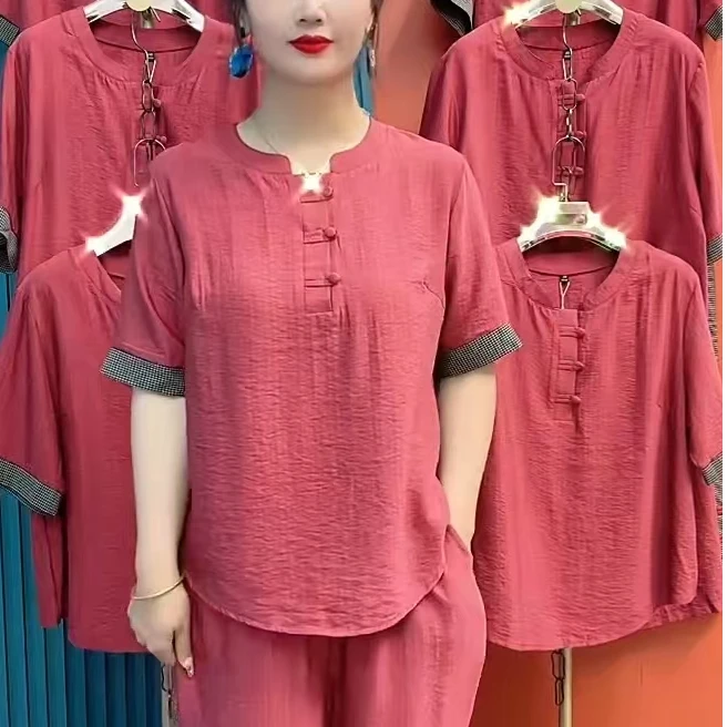 2025夏季新款中年妈妈两件套时尚简约休闲宽松显瘦口袋女士套装