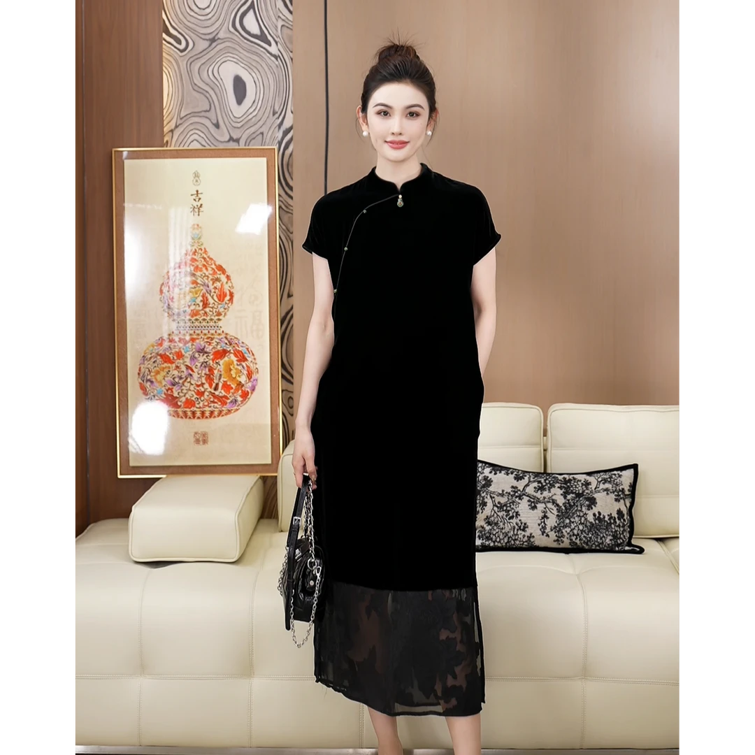 东方韵味新中式真丝丝绒拼接优雅显瘦夏季短袖旗袍连衣裙A050650