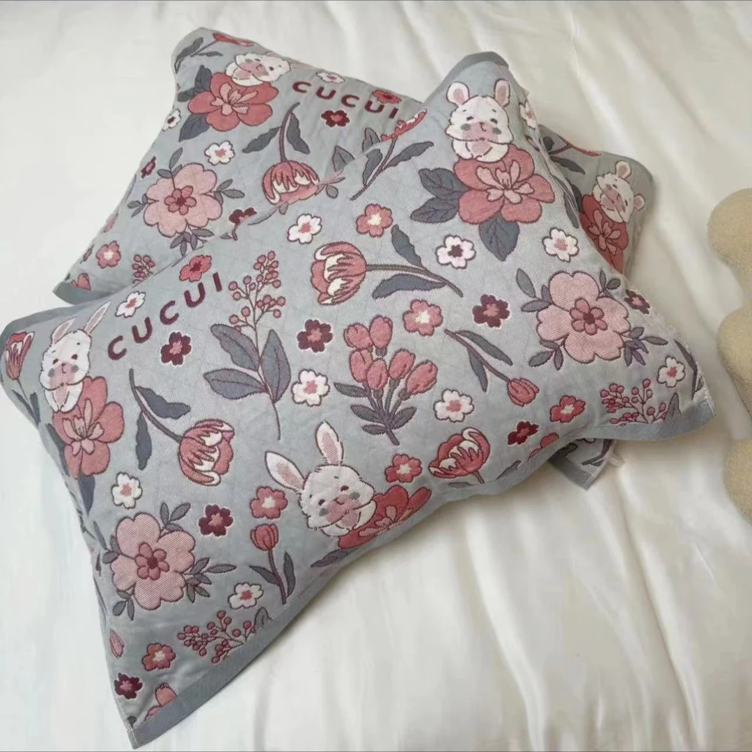 【京かわ会社】一对装两只多层纱布枕巾52*75cm 粉兔灰蓝