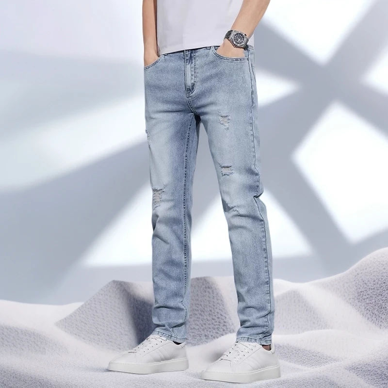 宾斯洛特浅色破洞牛仔裤男直筒休闲裤子新款潮牌痞帅夏季薄款长裤