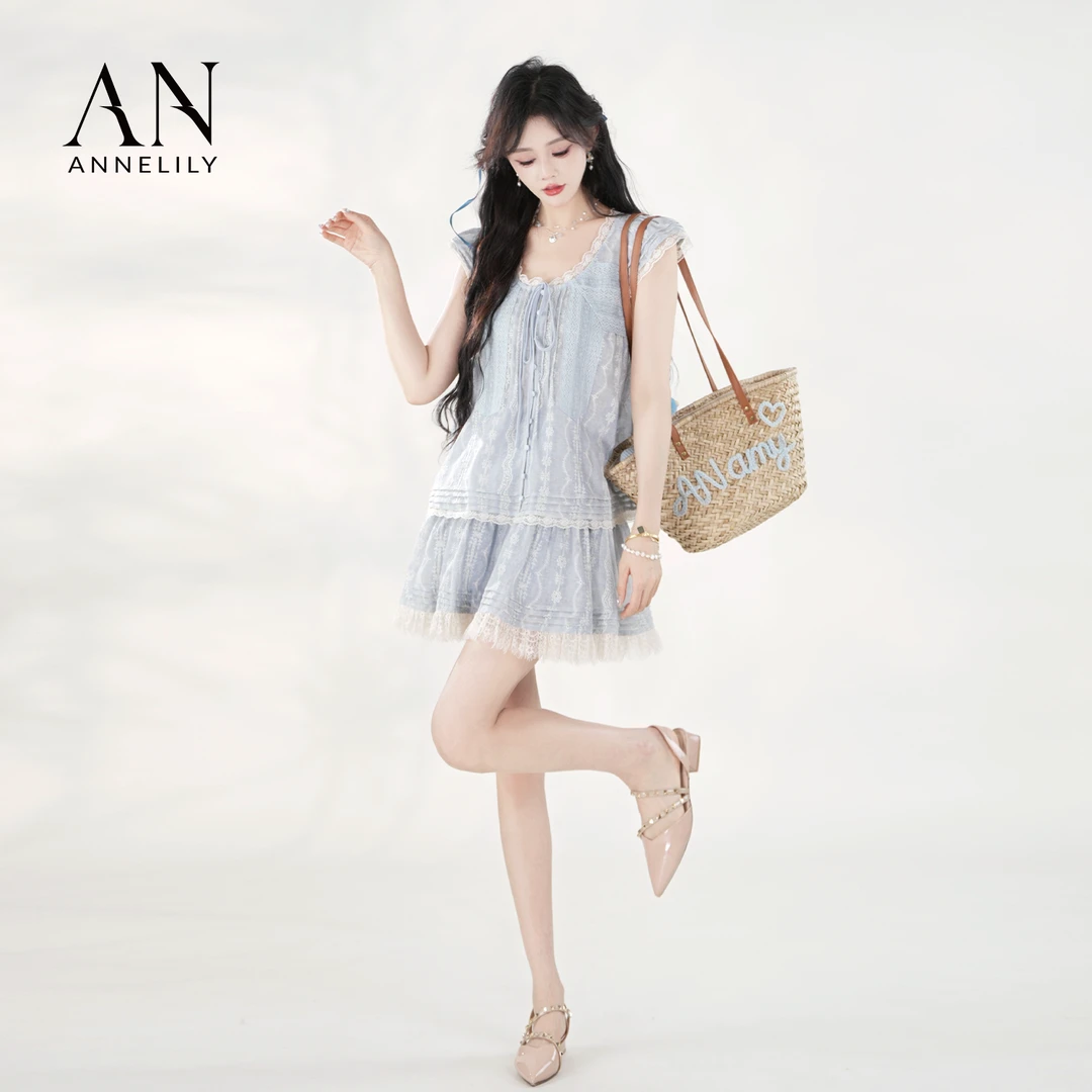 ANNELILY安琪琪【白恋】显瘦轻奢百搭时尚短裙刺绣套装AT2504086