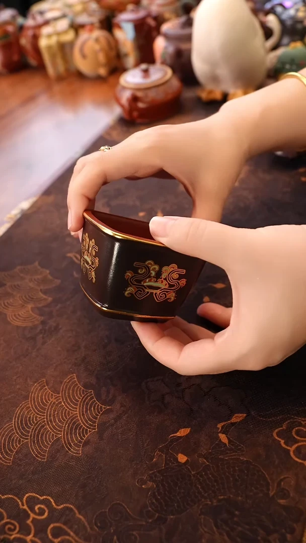茶壶紫砂朱泥粉浆四方黑金杯