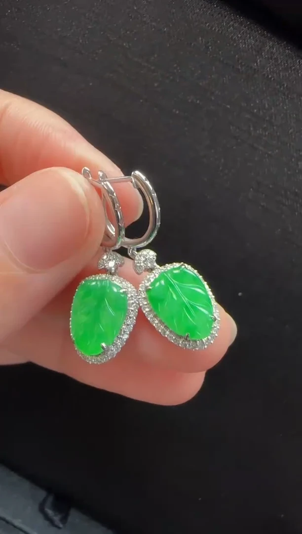 翡翠18K金镶嵌耳饰536叶子一对