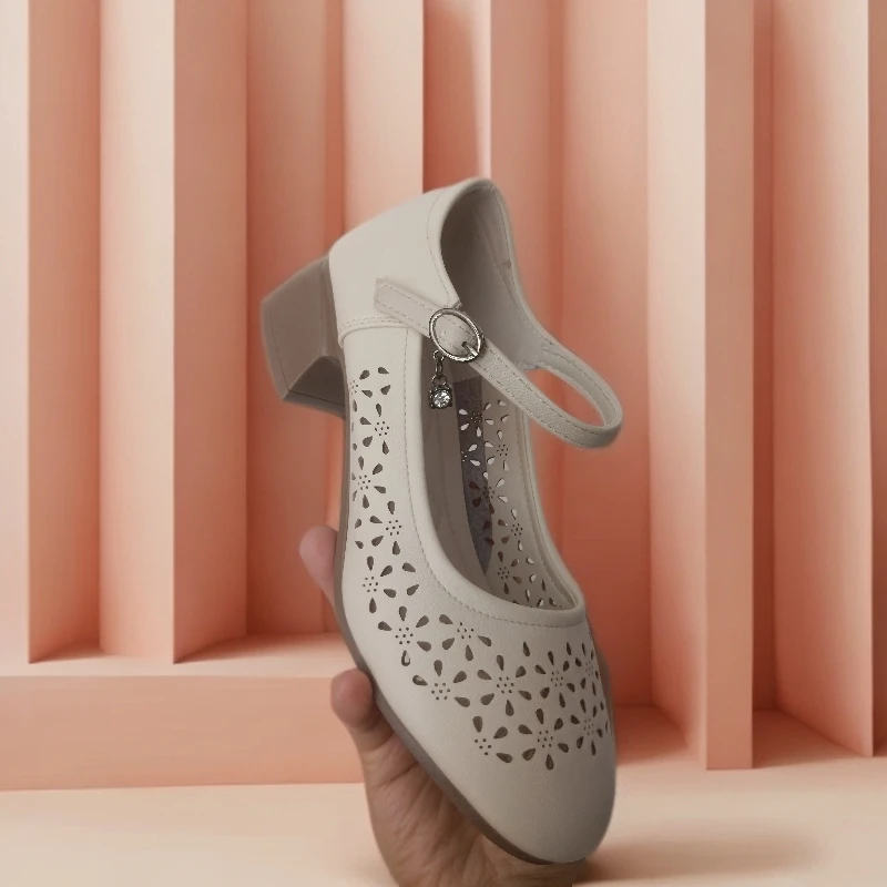 镂空中跟防水台胶粘夏季透气圆头单鞋软底舒适高跟妈妈鞋女鞋