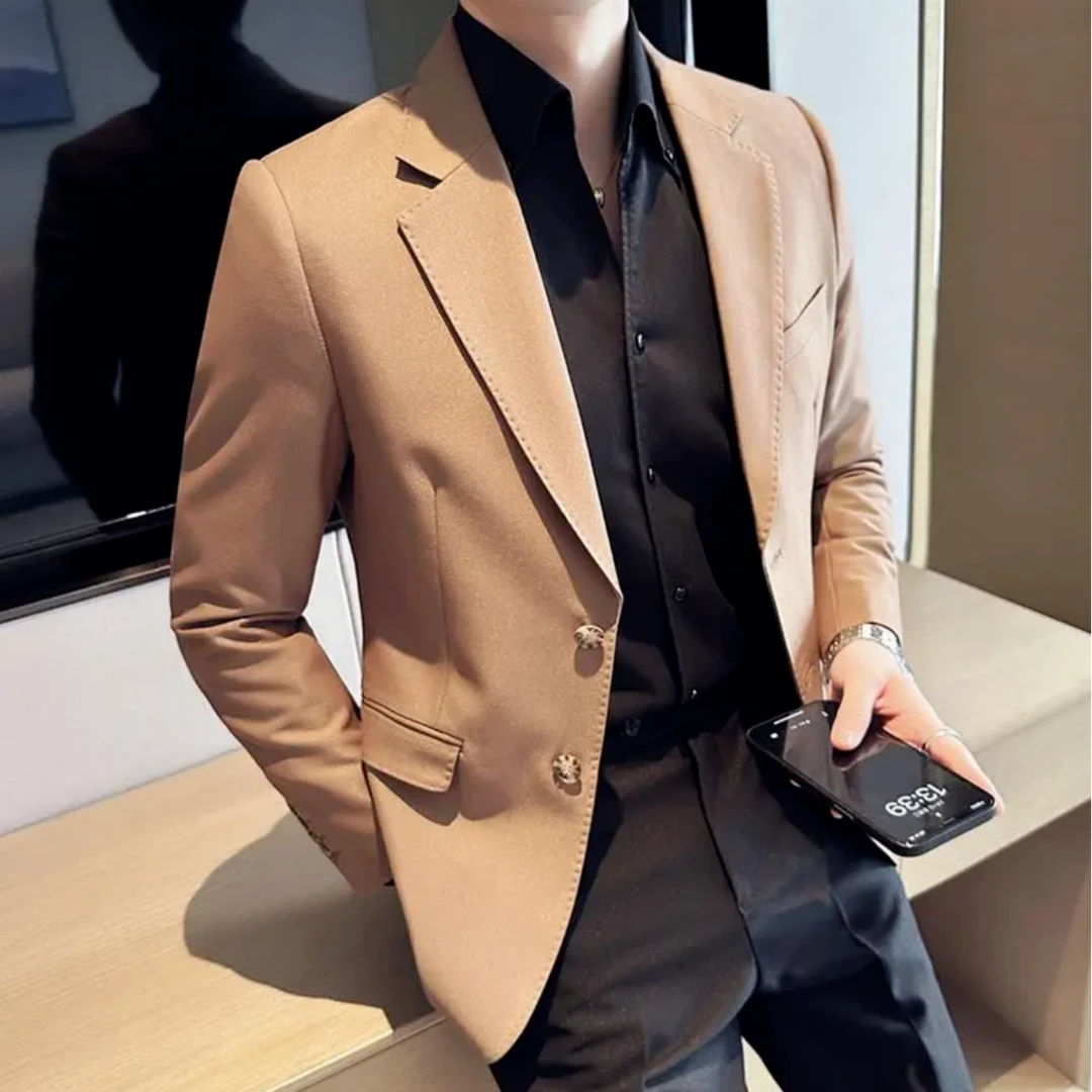 DX2211深卡其休闲单排扣西装外套男高级感商务正装修身单西