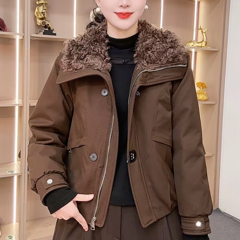 冬季新款工装风毛毛翻领可拆卸短款棉服设计感加厚保暖休闲外套女