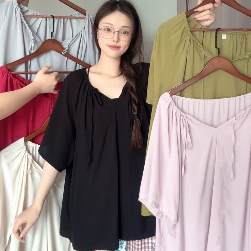 【单上衣领子抽绳】棉绸短袖T恤女夏季新款宽松大码百搭半袖薄人棉