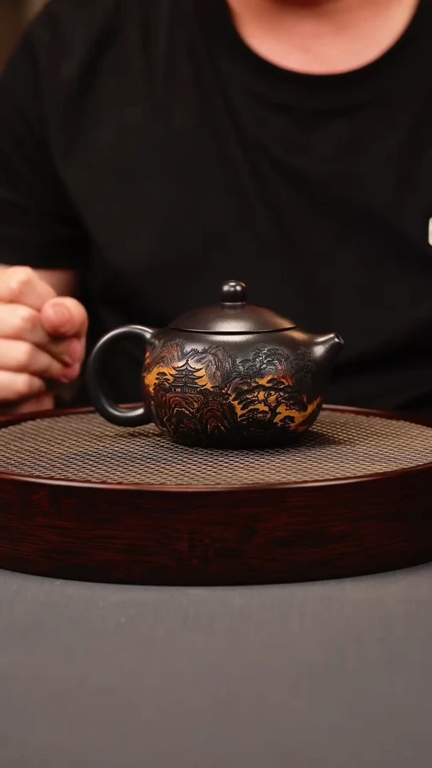 茶壶紫砂石黄 西施 彩刻山水