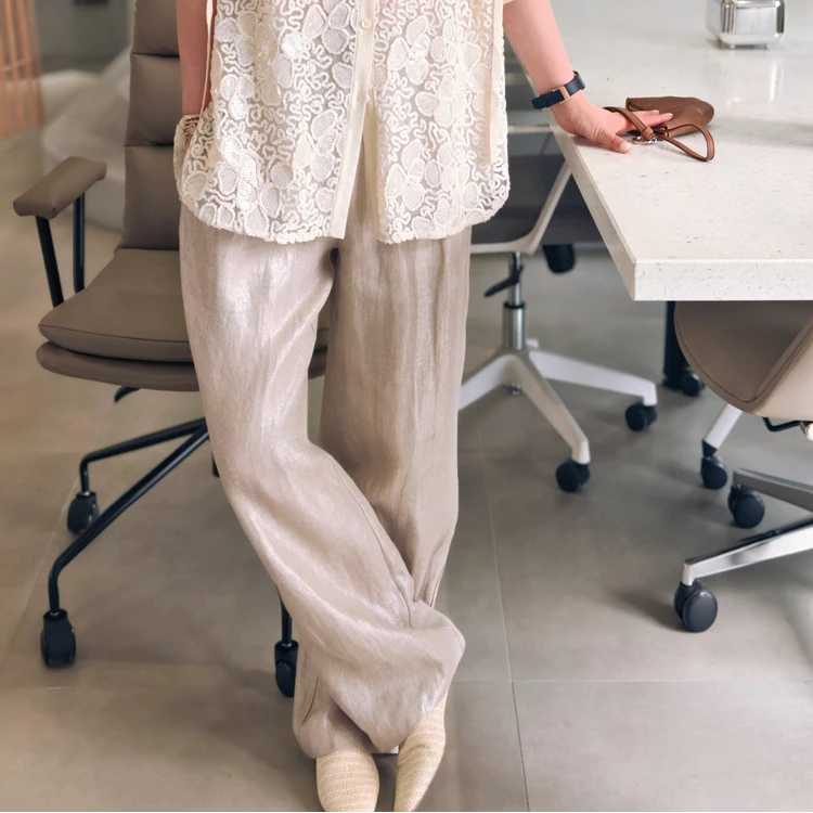 PENNYPENG半夏山风100亚麻舒适春游出行麻色松紧腰亚麻宽松阔腿裤