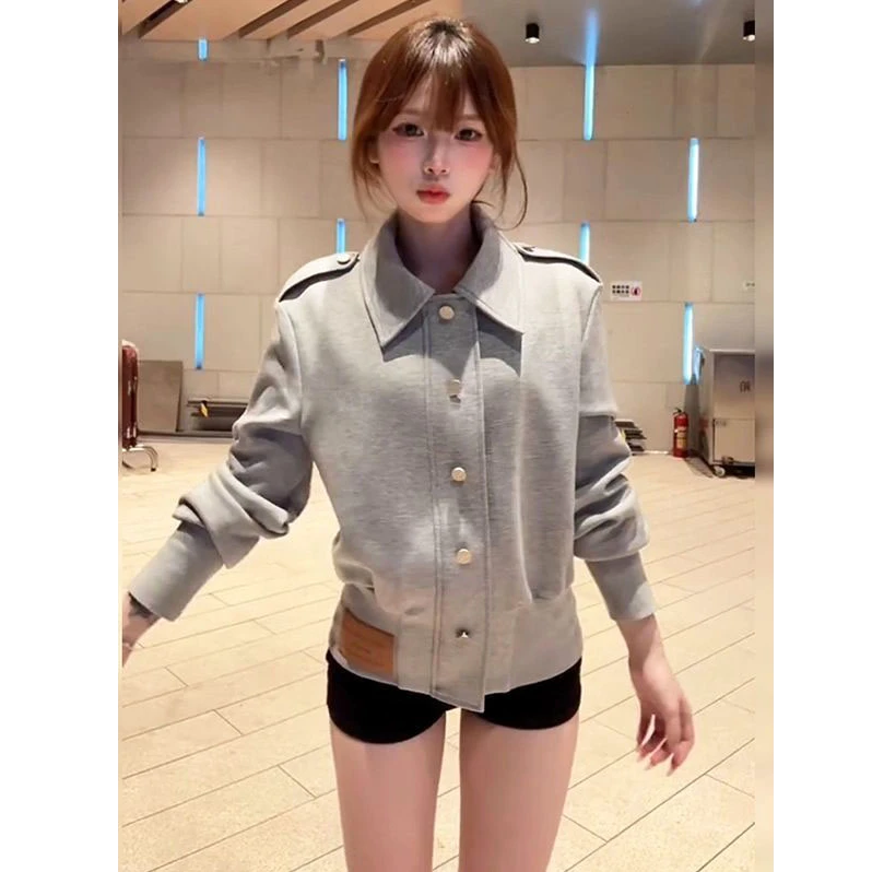 美式复古灰色立领短款夹克外套韩系慵懒感chic休闲百搭外套2025冬