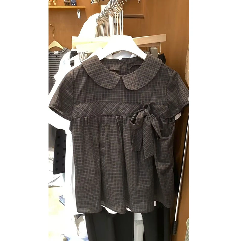 新款夏季高级感独特拼色格子娃娃领修身上衣设计感蝴蝶结半袖衬衫